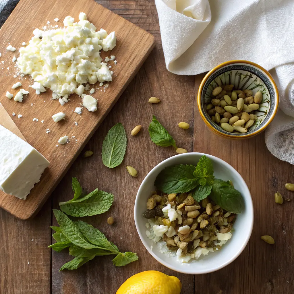Ingredients for crispy rice paper parcels: feta, pistachios, mint, lemon, and rice paper.