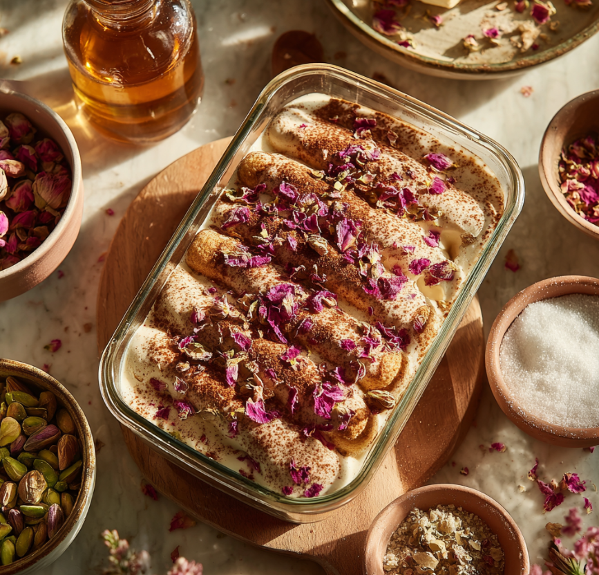 Ingredients for Floral Rose-Inspired Tiramisu including mascarpone, rose syrup, ladyfingers, and rose buds.