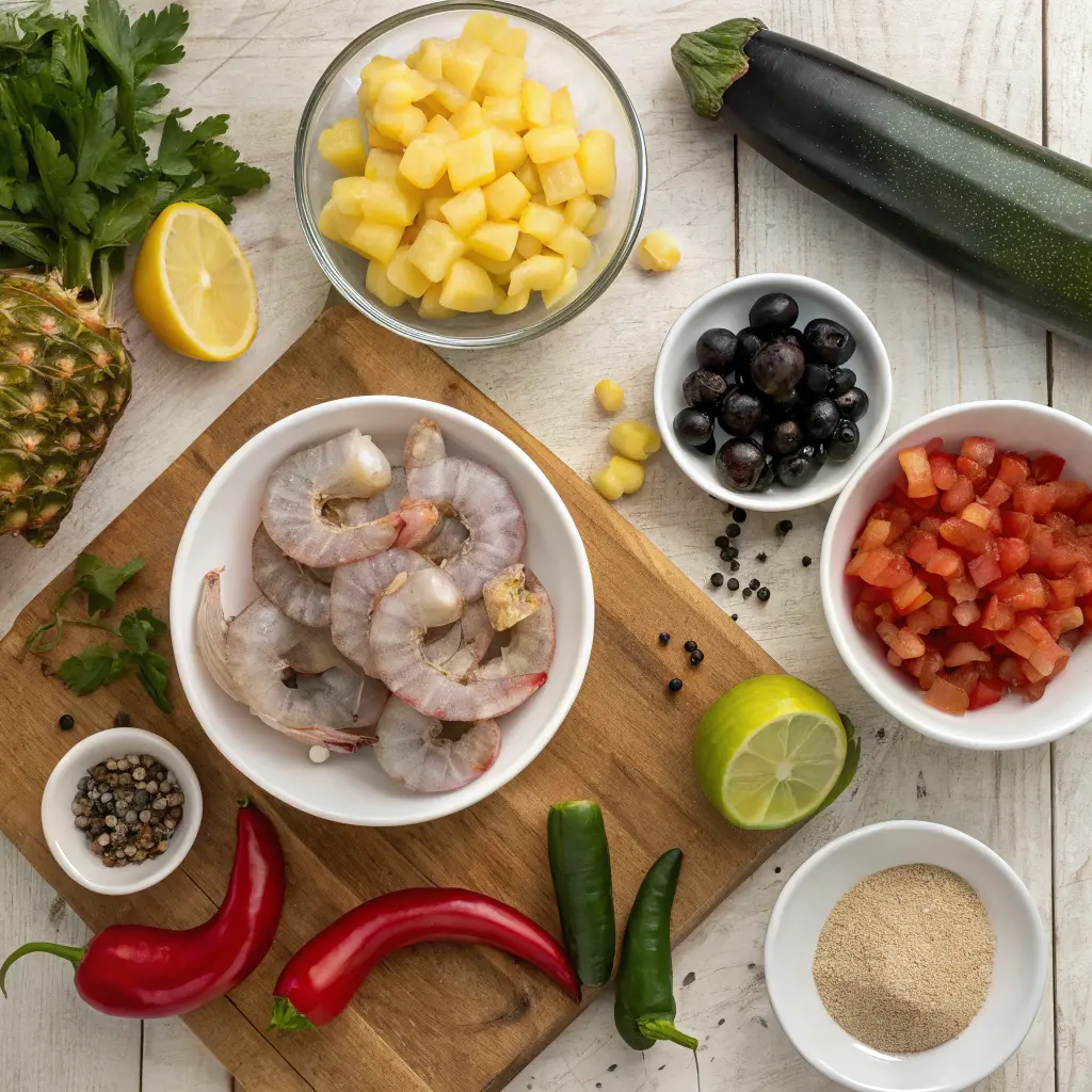 Raw ingredients for jerk shrimp caponata: shrimp, pineapple, vegetables, spices.
