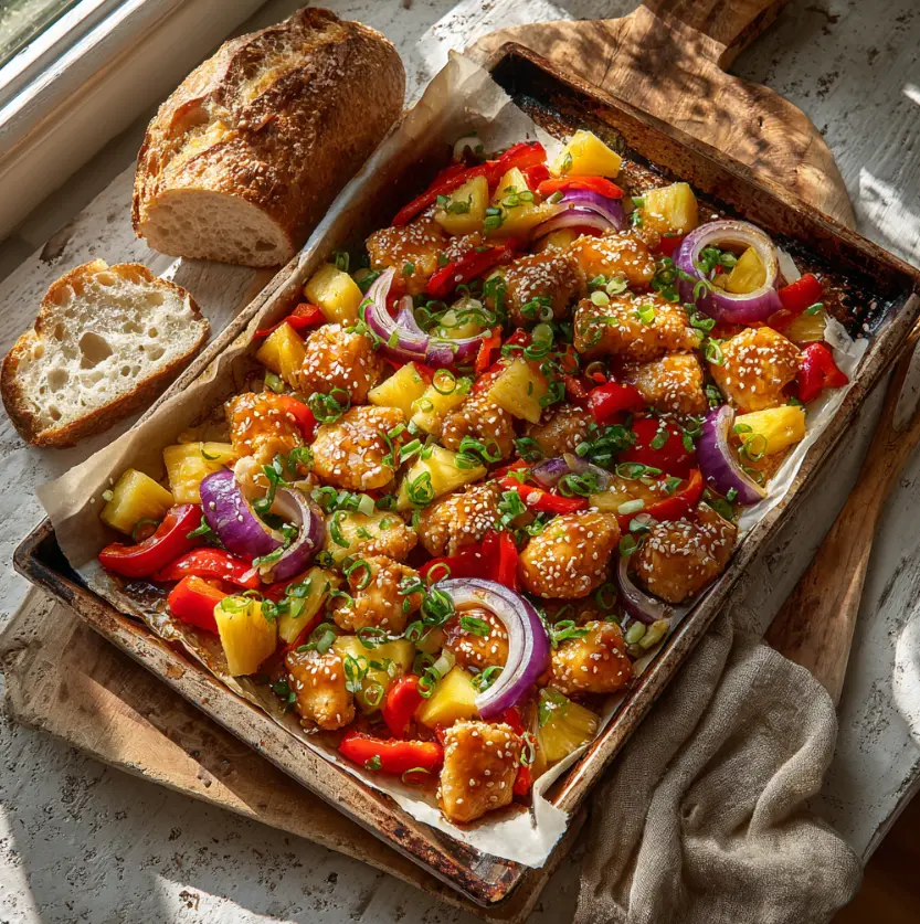 Delicious Hawaiian Chicken Sheet Pan with pineapple, peppers, and onions, garnished.
