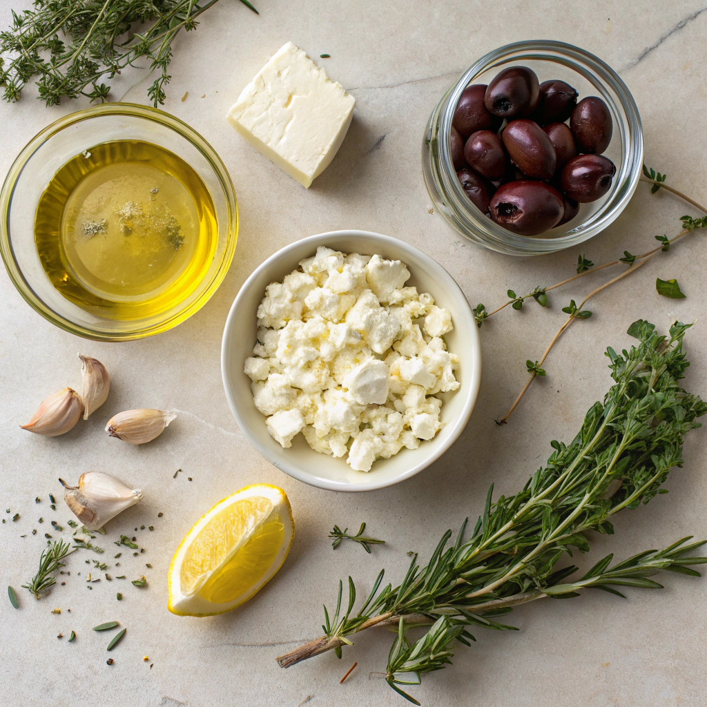 Top-down view of fresh ingredients for a Herb and Feta Olive Oil Dip, including crumbled feta, olive oil, fresh herbs, garlic, olives, lemon, and honey.