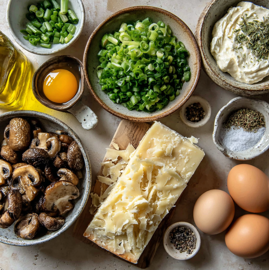 ngredients for mushroom egg galette: Gruyere, mushrooms, eggs, and lactose-free cream cheese.