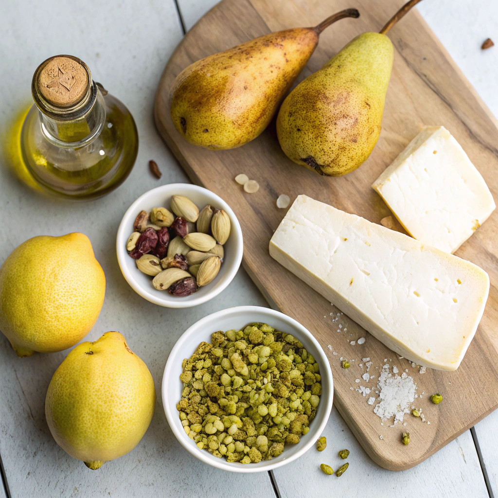 ngredients laid out for roasted pears brie recipe, including pears, Brie, pistachios, and olive oil.