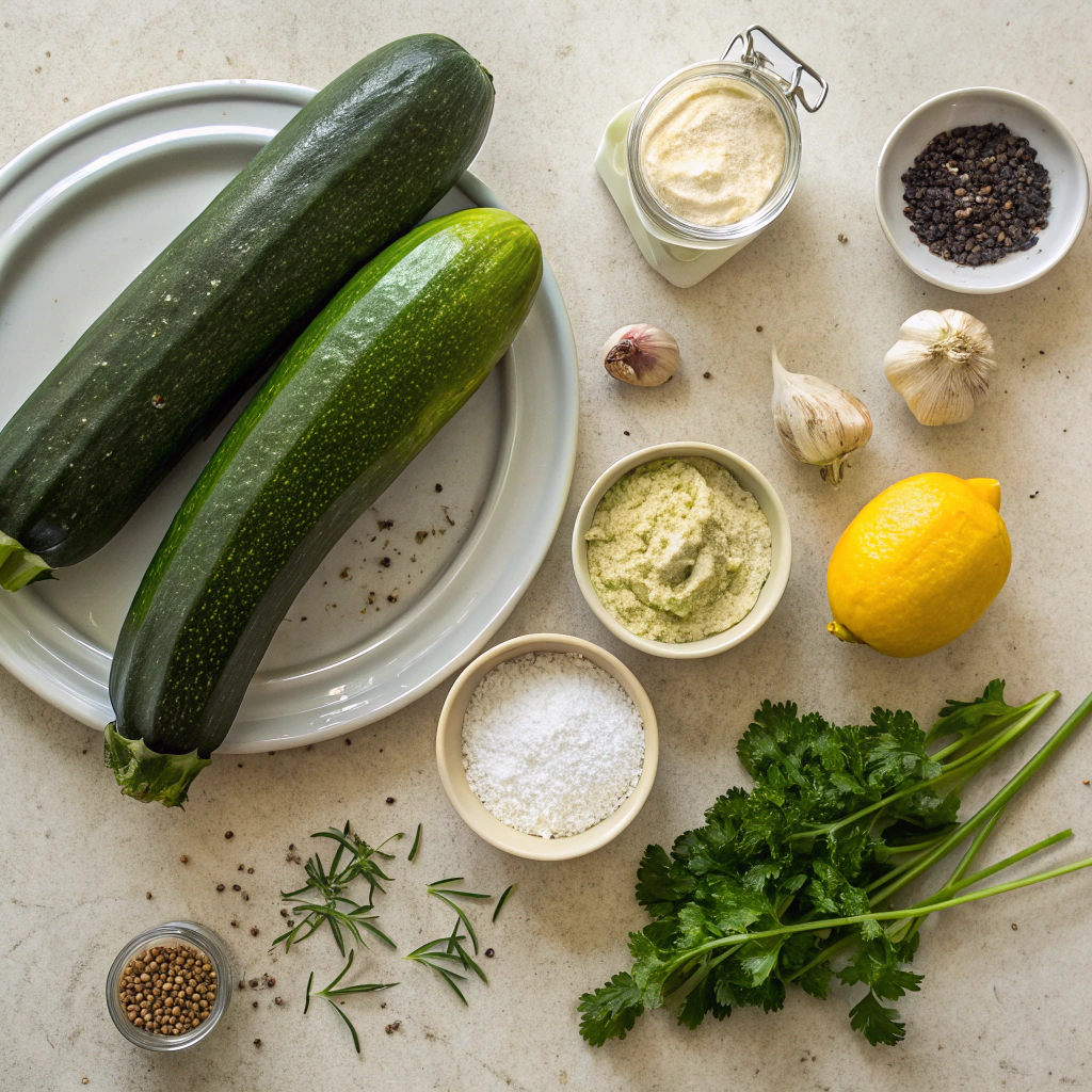 Ingredients for vegan zucchini dip: zucchini, garlic, lemon, tahini, and fresh herbs.