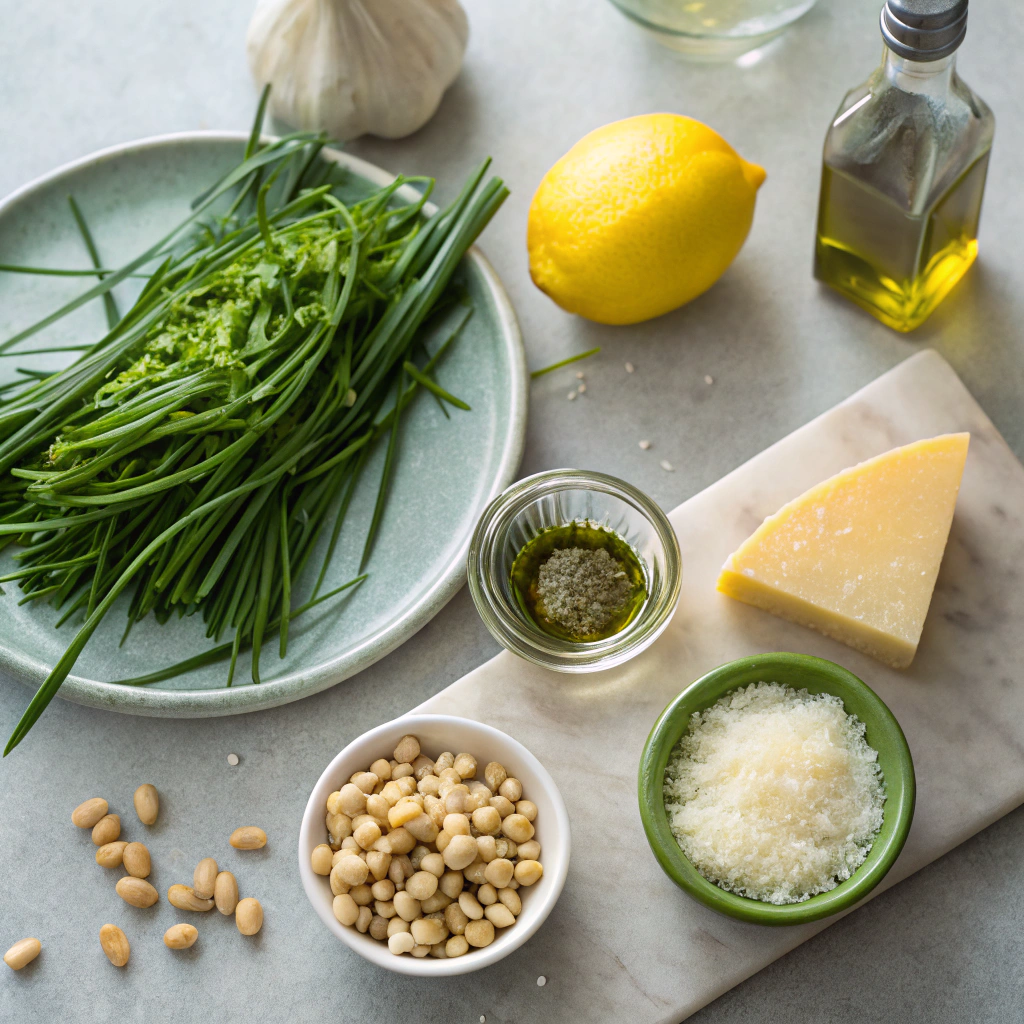 Ingredients for garlic scape pesto laid out: scapes, pine nuts, Parmesan, lemon, olive oil.