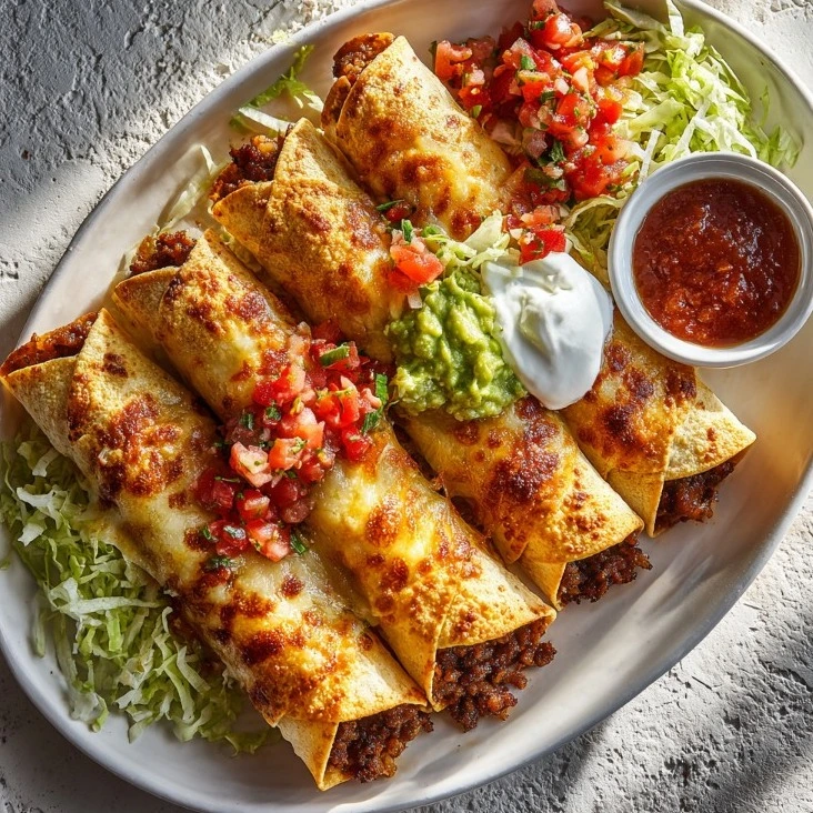 Crispy beef taquitos on a platter with guacamole and salsa.