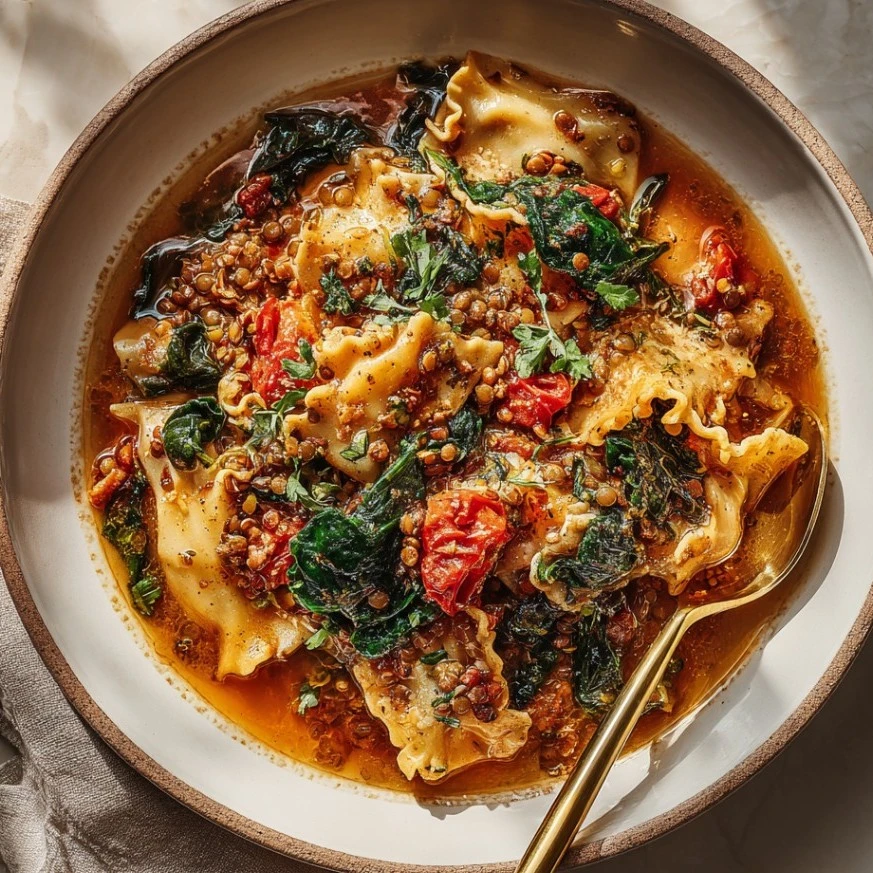 Delicious Vegan Instant Pot Lasagna Soup in a bowl with garlic bread.