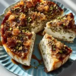 Delicious Baklava Pistachio Cheesecake Supreme with flaky phyllo topping.