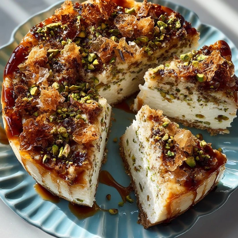 Delicious Baklava Pistachio Cheesecake Supreme with flaky phyllo topping.