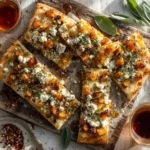 Delicious Butternut Squash, Sage and Goat Cheese Flatbread with maple syrup drizzle.