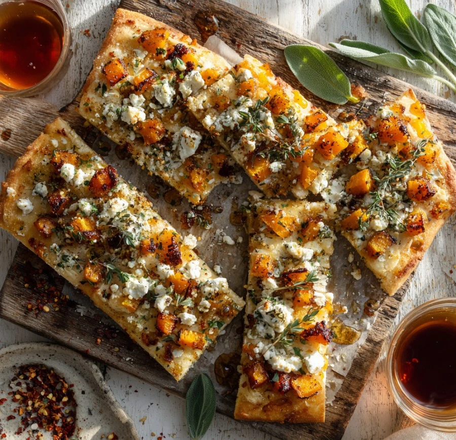 Delicious Butternut Squash, Sage and Goat Cheese Flatbread with maple syrup drizzle.