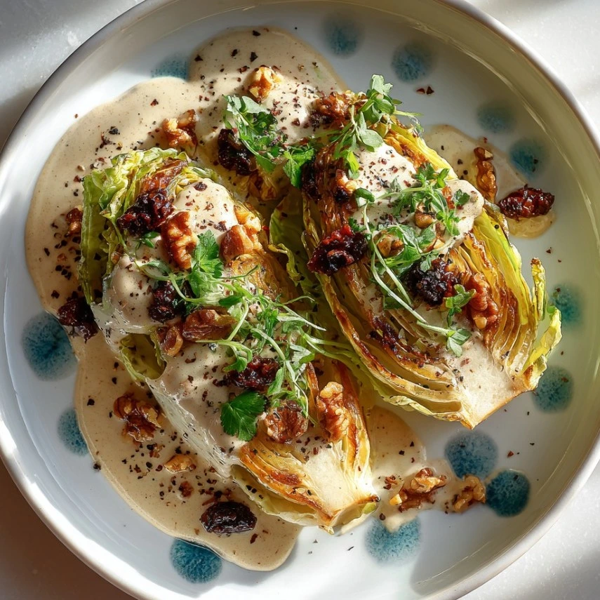 Delicious Caramelized Cabbage with creamy cashew balsamic sauce and date-walnut topping.