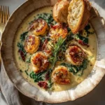 Delicious Creamy Tuscan Shrimp in a skillet with sun-dried tomatoes.