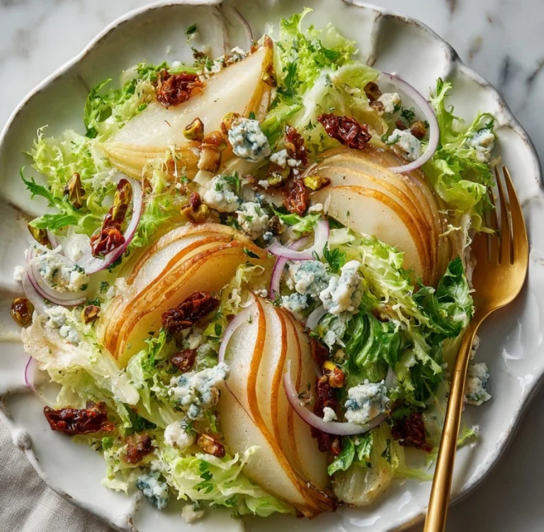 Delicious Crisp Autumn Pear Salad with blue cheese, pistachios, and zesty dressing.