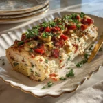 Festive Holiday Antipasto Cream Cheese Log with crackers and crostini.