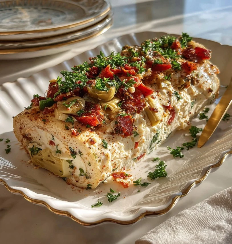 Festive Holiday Antipasto Cream Cheese Log with crackers and crostini.