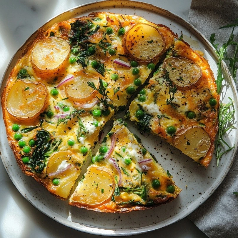 Delicious Garden Frittata with Goat Cheese and Potatoes in a cast-iron skillet.