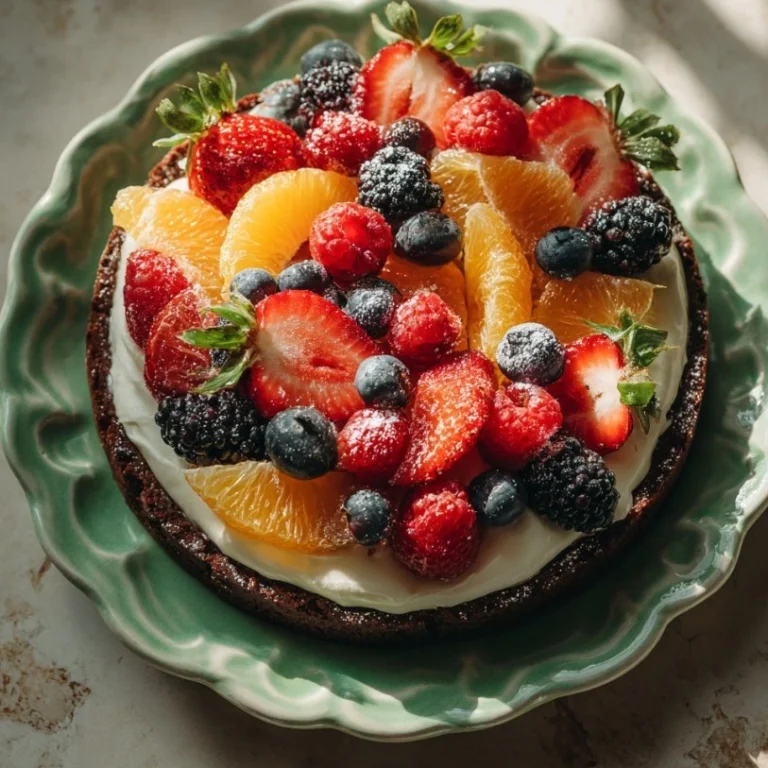 Delicious Gluten-Free Brownie Fruit Pizza with Cool Whip and mixed berries.