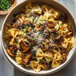 Delicious Marmite Mushroom Pasta in a bowl with mushrooms.