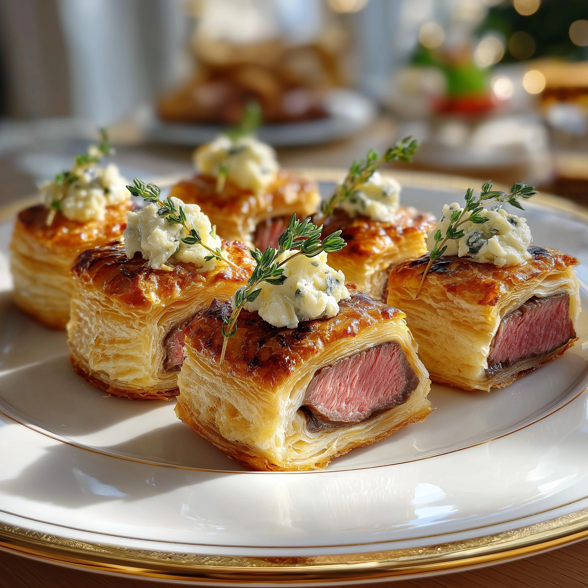 Incredible Mini Beef Wellington Bites with flaky pastry and Gorgonzola sauce.