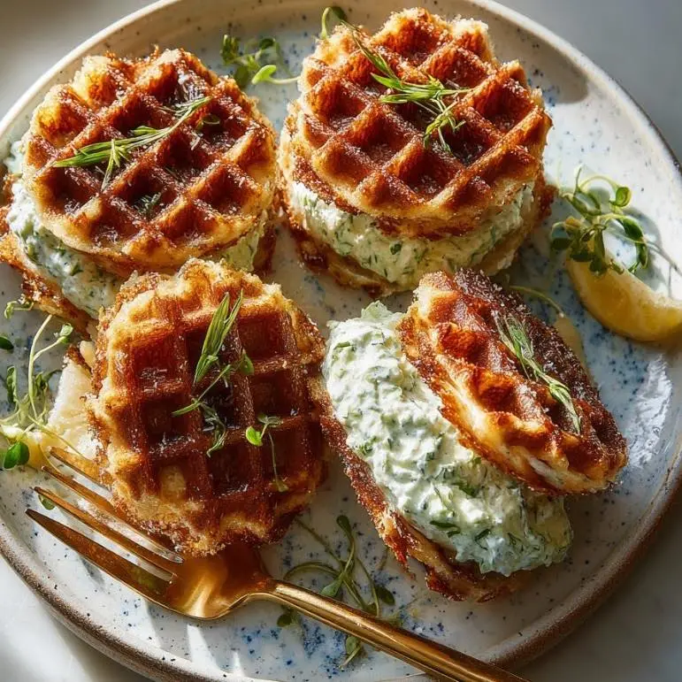 Delicious Savory Parmesan Waffle Sandwiches with basil ricotta mousse.