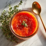 Delicious Peach and Strawberry Hot Sauce in a clear glass jar.