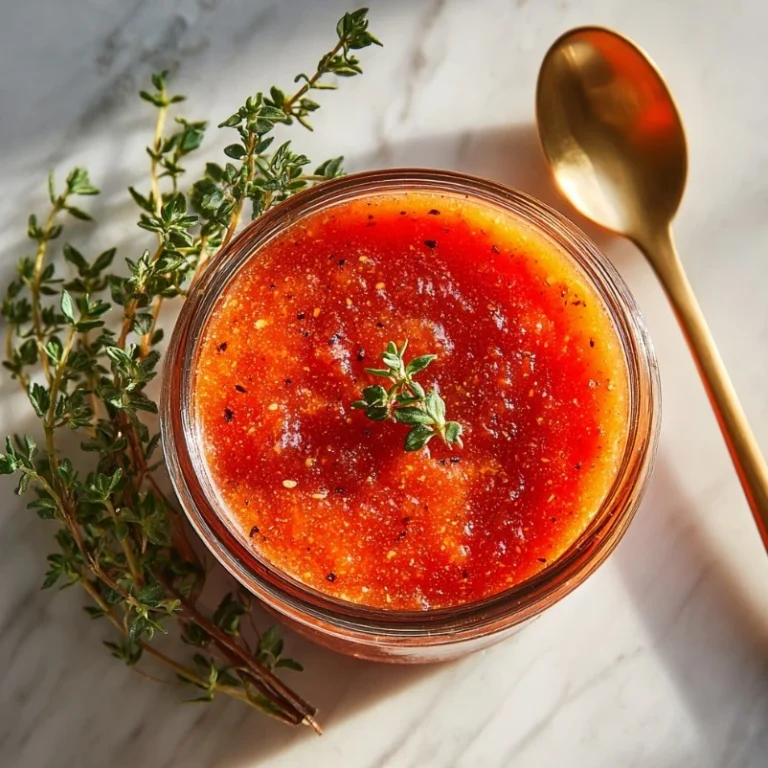 Delicious Peach and Strawberry Hot Sauce in a clear glass jar.