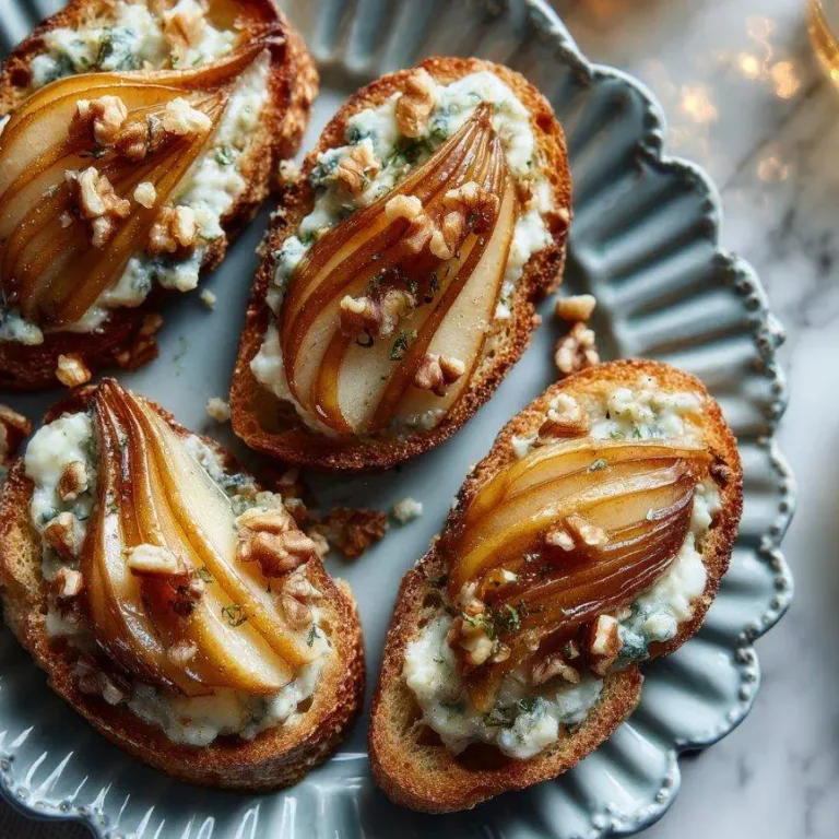 Delicious Pear Blue Cheese Honey Crostini with walnuts and honey drizzle.