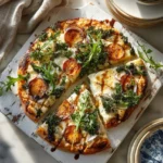 Delicious Sweet Potato and Kale Pizza with balsamic glaze.