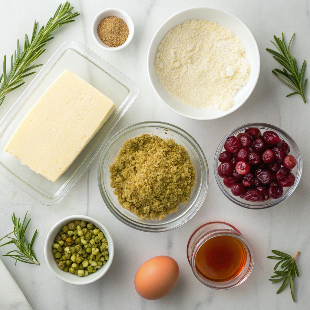 Separated ingredients for Pistachio-Crusted Brie Bites including Brie, pistachios, panko, and cranberries.