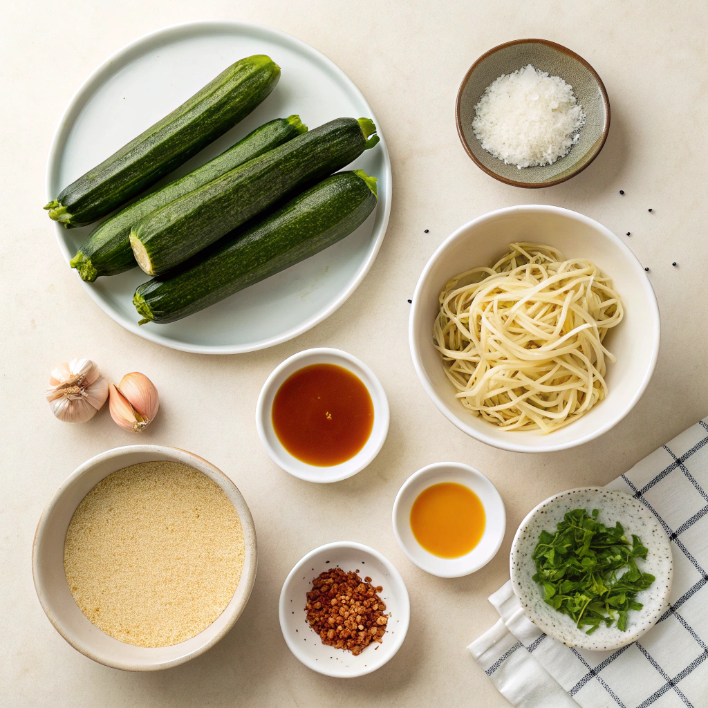 Separated ingredients for Chinese Zucchini Noodles including zucchini, tahini, coconut aminos, and chili oil.