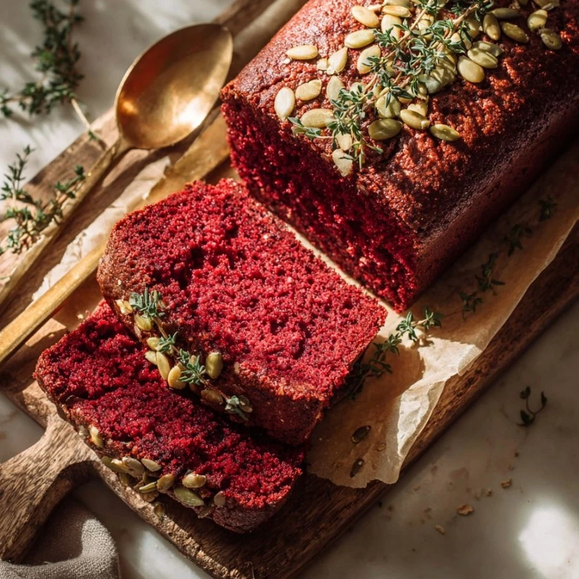 Delicious Savory Beetroot, Carrot & Oat Bake, sliced, with pumpkin seeds.