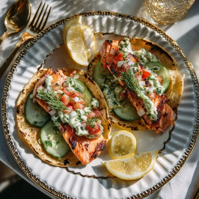 Delicious Blackened Salmon Tacos with creamy avocado crema and salsa.