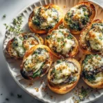 Delicious Cheesy Veggie Crostini with spinach, mushrooms, and melted cheese.
