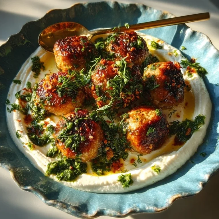Delicious Chimichurri Chicken Meatballs with Feta Cream and parsley garnish.