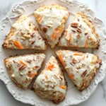 Delicious Easy Carrot Cake Scones with cream cheese glaze and pecans.