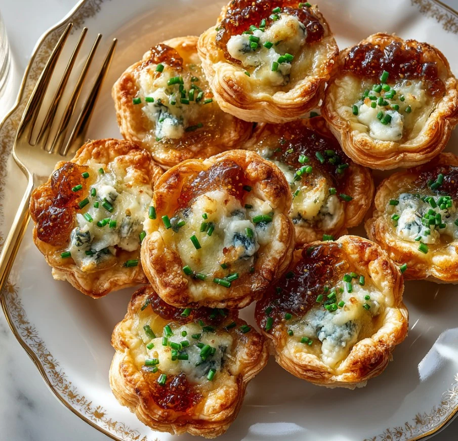 Delicious Fig and Blue Cheese Mini Tarts with fig jam and savory cheese.