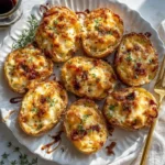 Delicious French Onion Loaded Potato Skins with caramelized onions and melted cheese.