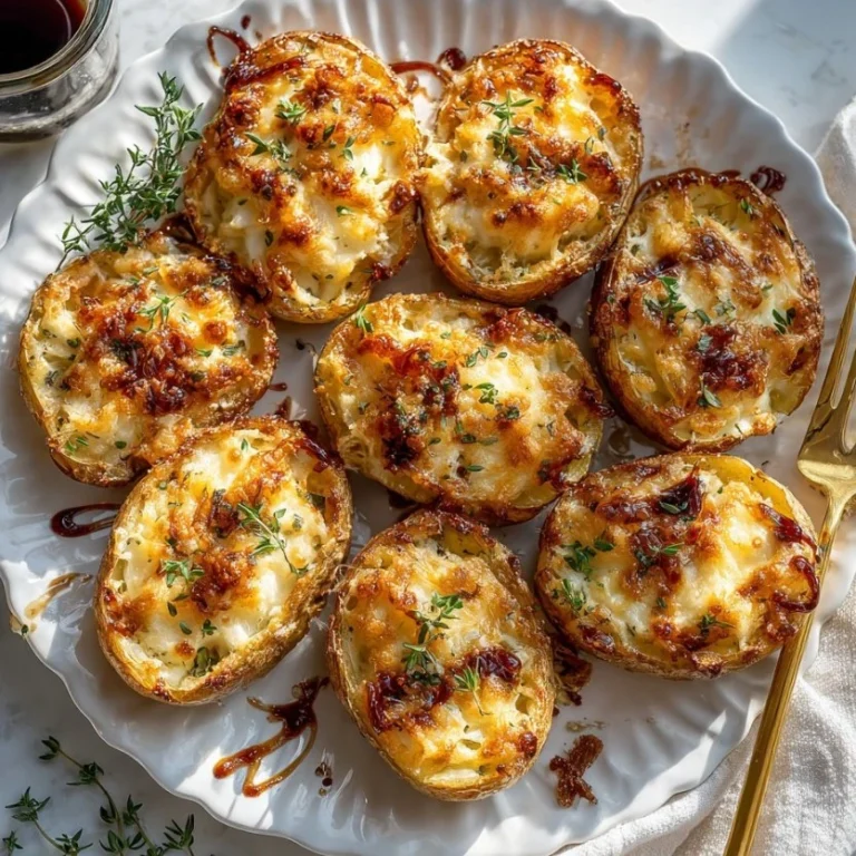 Delicious French Onion Loaded Potato Skins with caramelized onions and melted cheese.