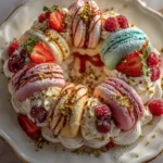 Delicious Macaron and Pavlova Wreath with fresh berries and pistachios.