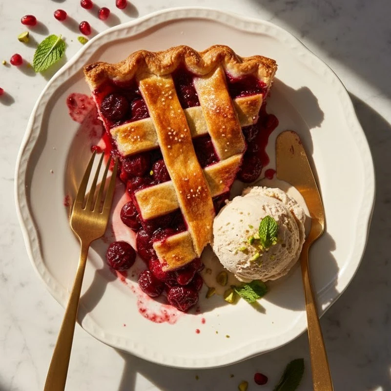 Delicious Mahlab, Sumac and Date Molasses Cherry Pie with a flaky crust.