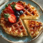 Delicious Cottage Cheese Waffles stacked high with blueberries and syrup.