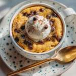 Delicious Pumpkin Mug Cake topped with whipped cream and cinnamon.
