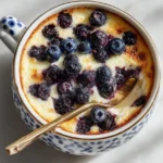 Delicious Baked Blueberry Cottage Cheese Breakfast Bowls topped with yogurt and syrup.