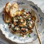 Delicious Caramelized Garlic Mushrooms with feta, walnuts, and hot honey drizzle.
