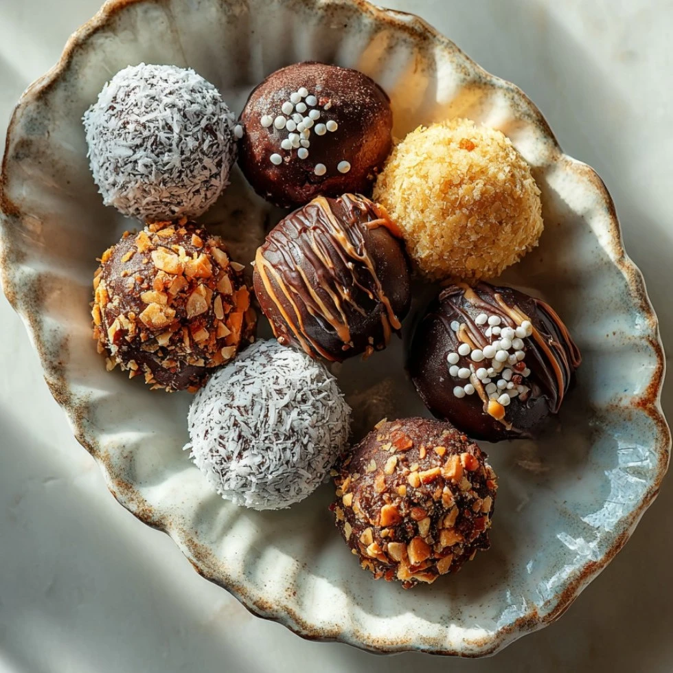 Incredible Three Ingredient Chocolate Peanut Butter Truffles with various coatings.