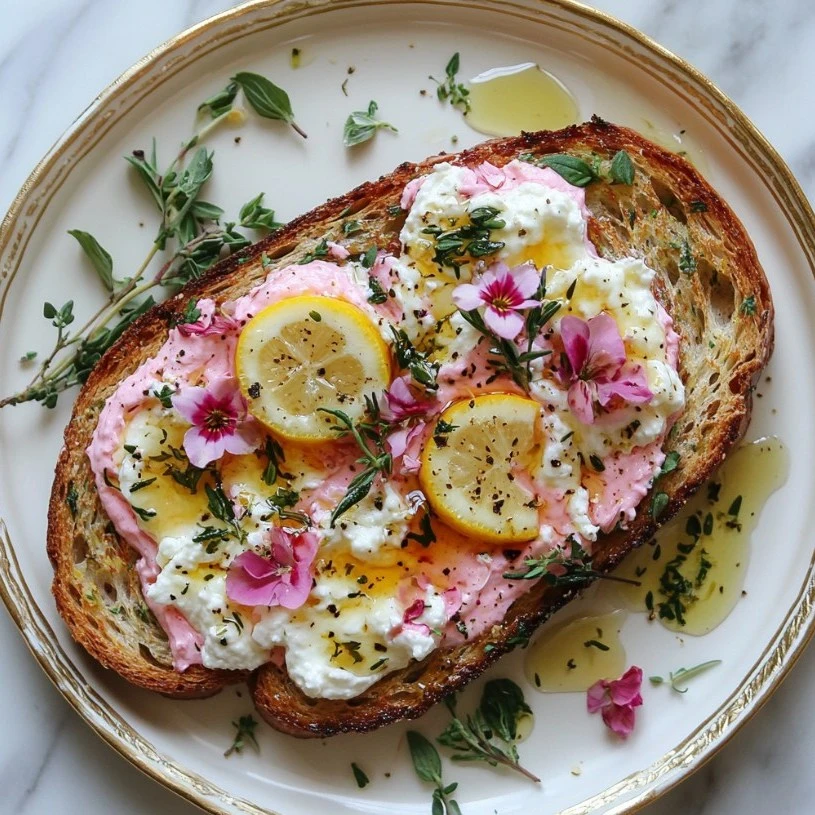 Delicious Floral Whipped Ricotta Toast with lemon curd and edible flowers.