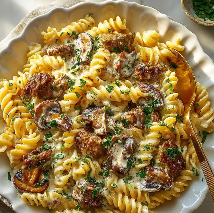 Delicious One Pan Beef Stroganoff with creamy sauce and fresh parsley.