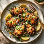 Delicious Taco Stuffed Poblano Peppers with melted cheese and cilantro.
