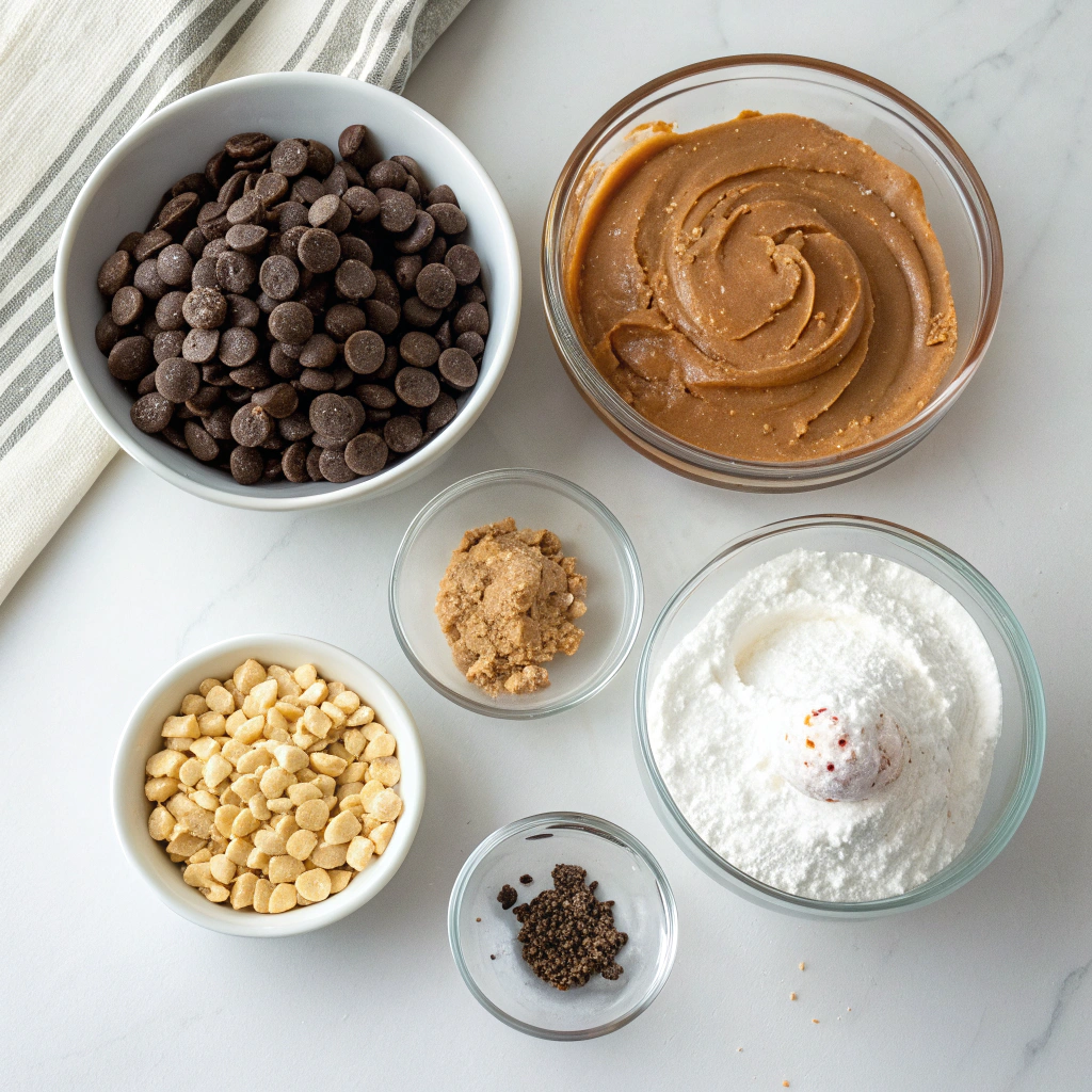Separated ingredients for Peanut Butter Chocolate Truffles including chocolate chips, peanut butter, and Cool Whip.